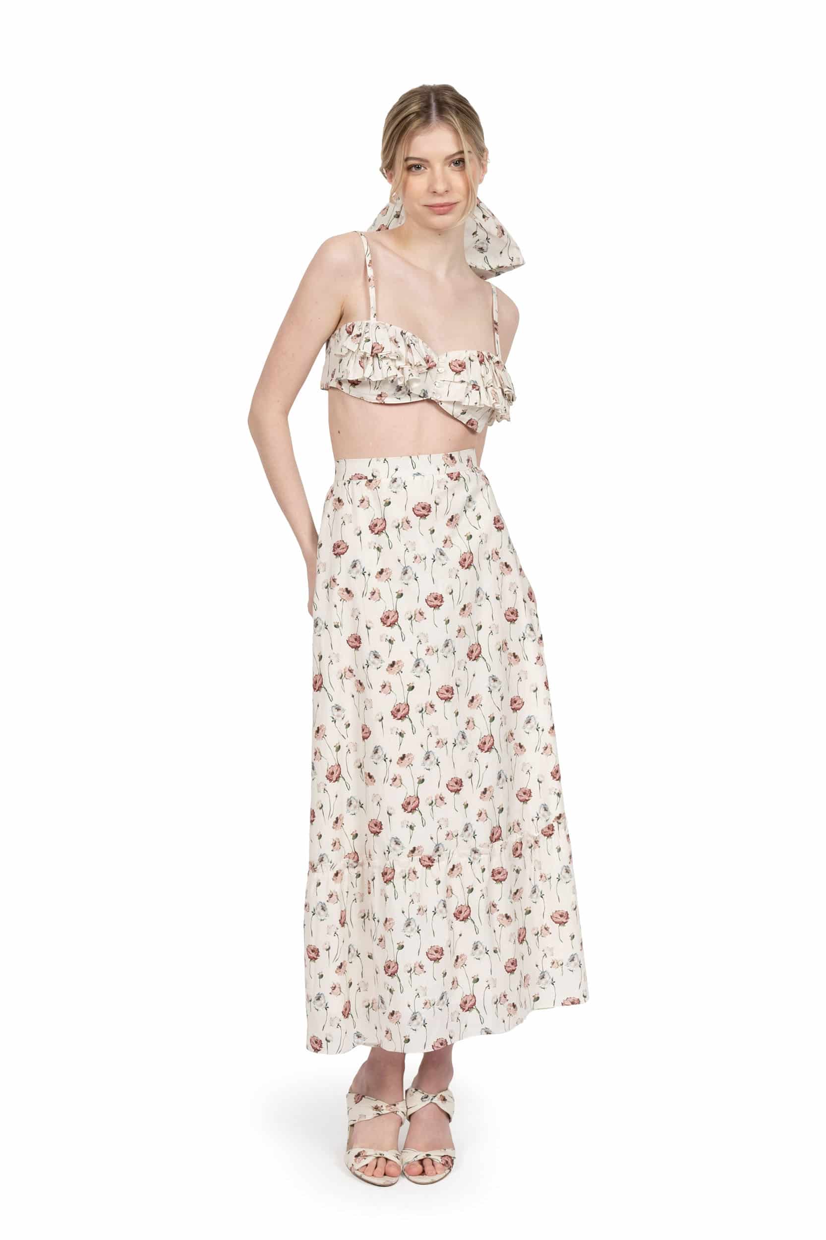 Tiered cotton skirt with floral print