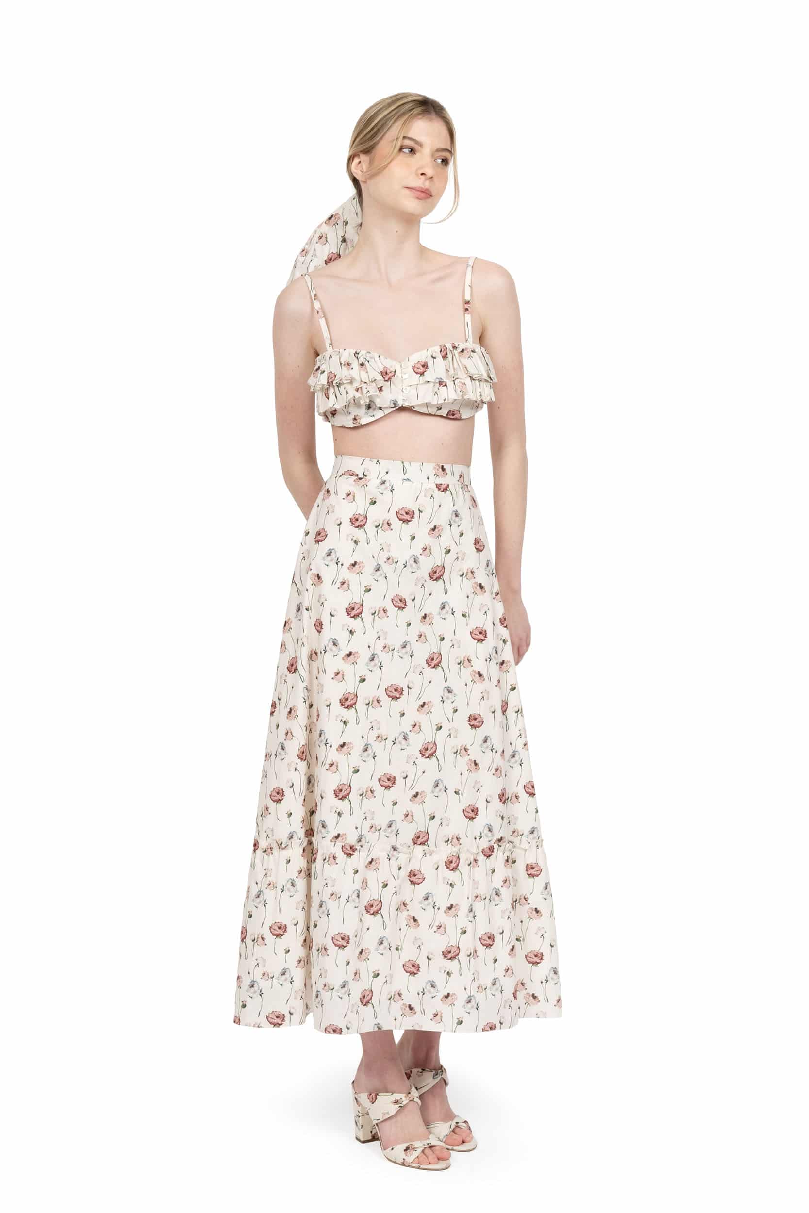 Tiered cotton skirt with floral print