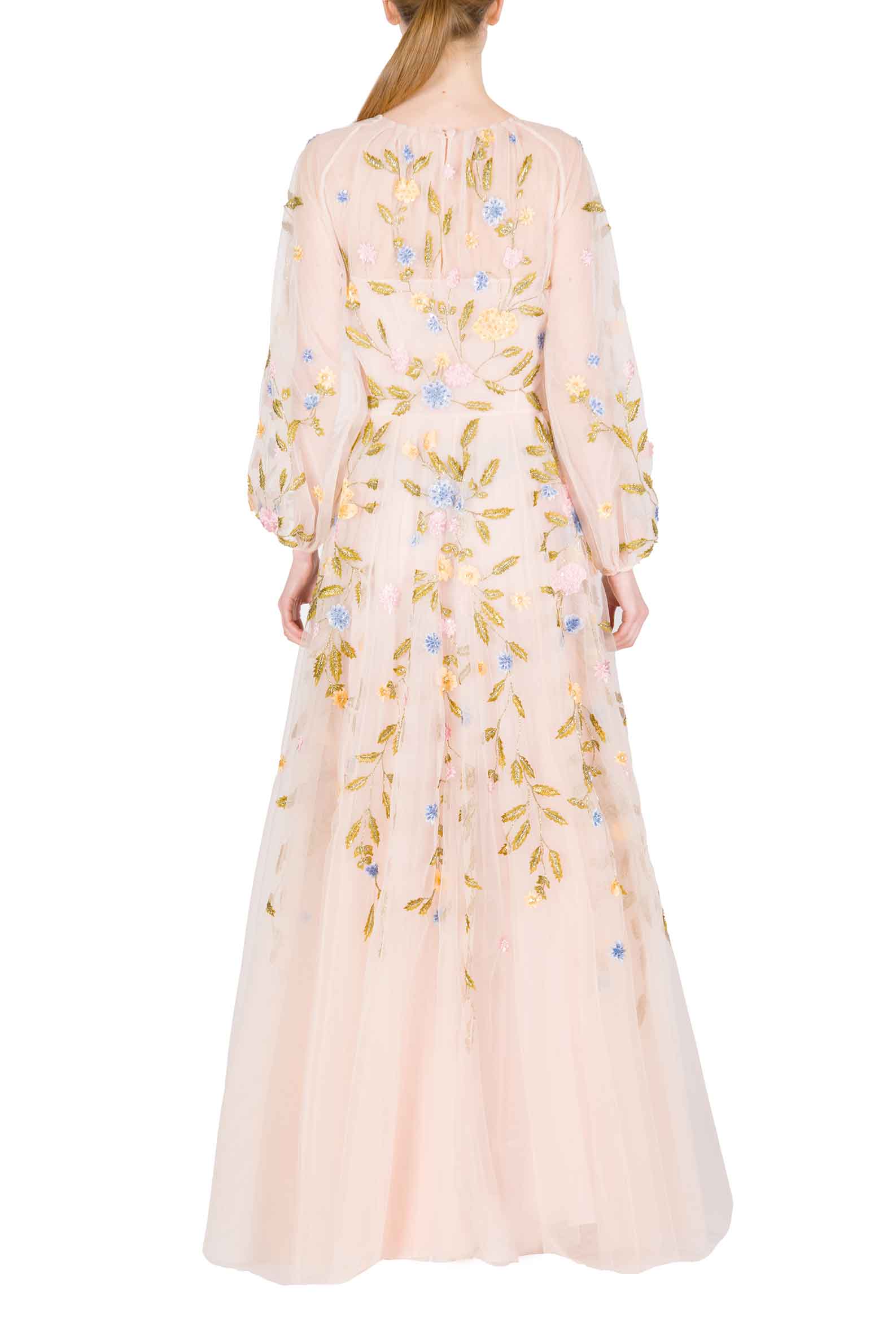 Embroidered Tulle Long Sleeve Gown