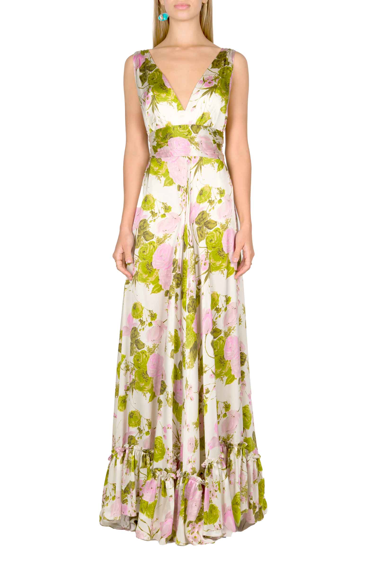 Blooming Roses Silk Long Dress With V Neckline