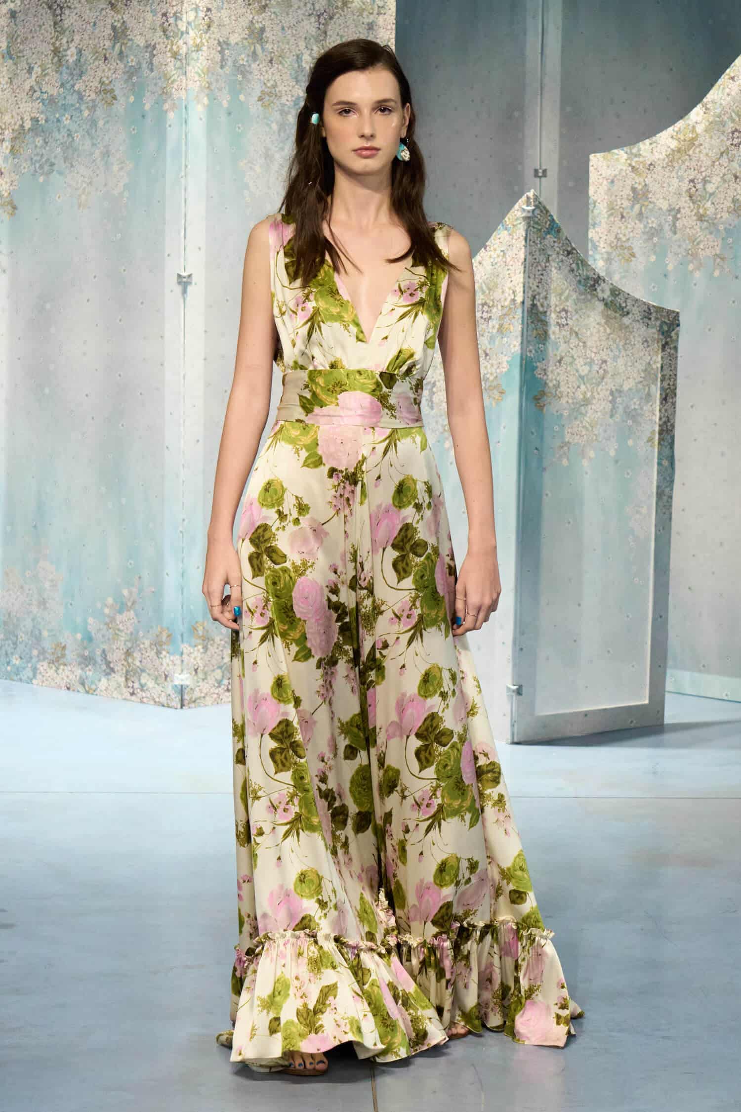 Blooming Roses Silk Long Dress With V Neckline