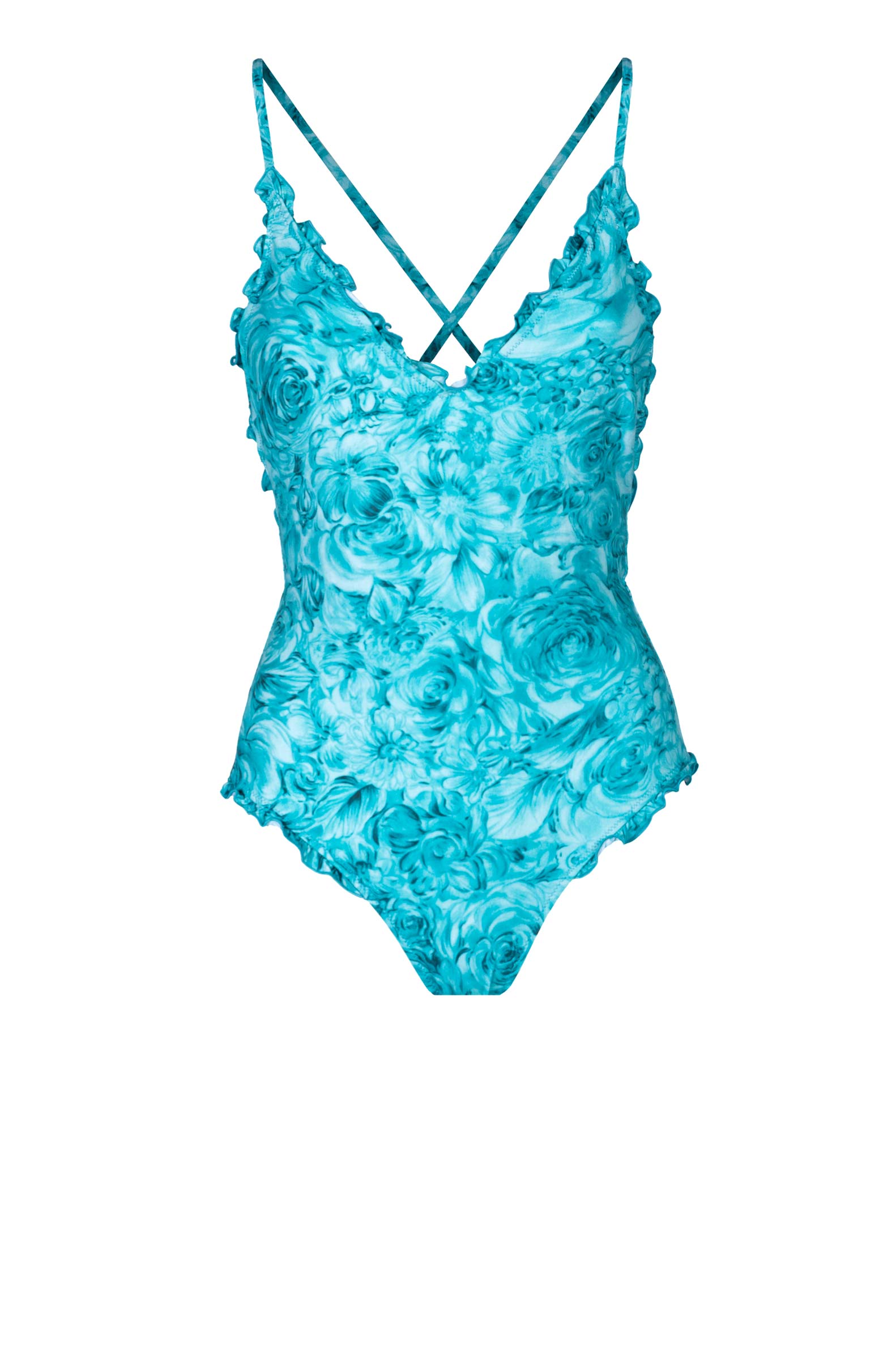 One-piece Swimsuit V neckline Turquoise Roses