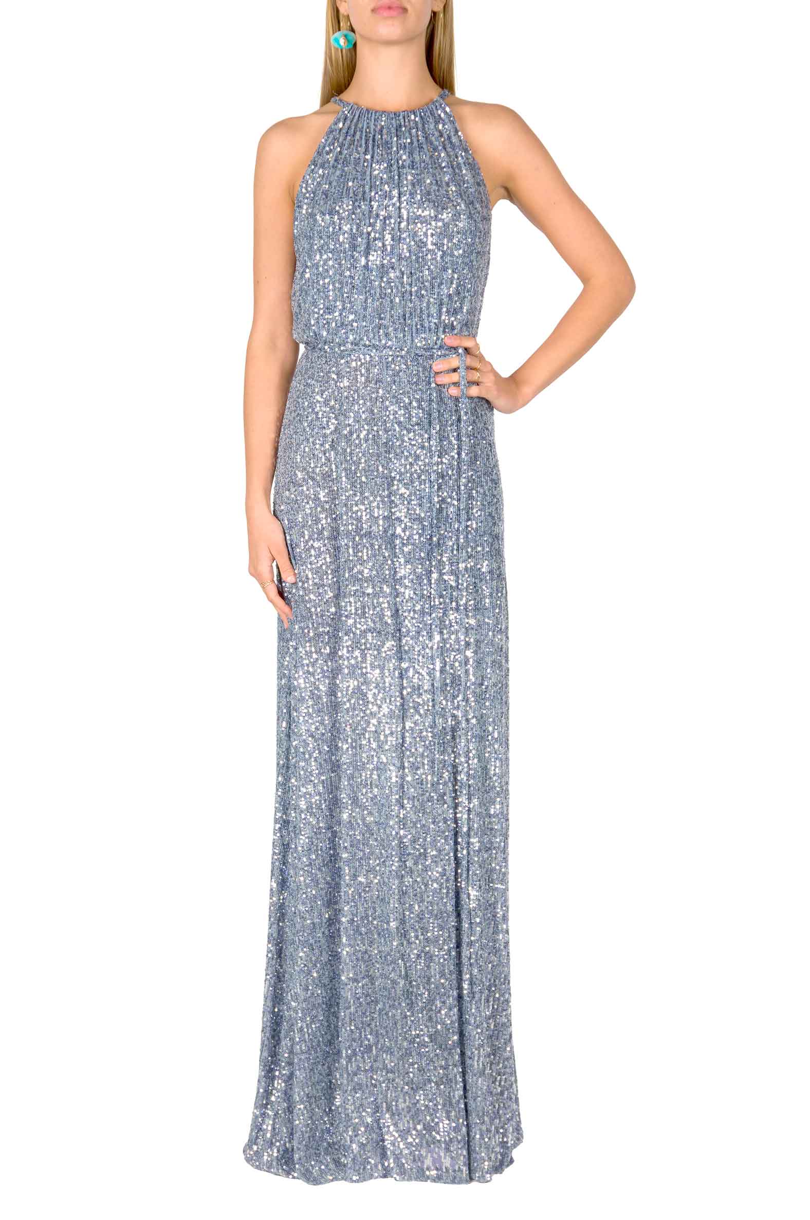 High Slit Blue Sequin Dress