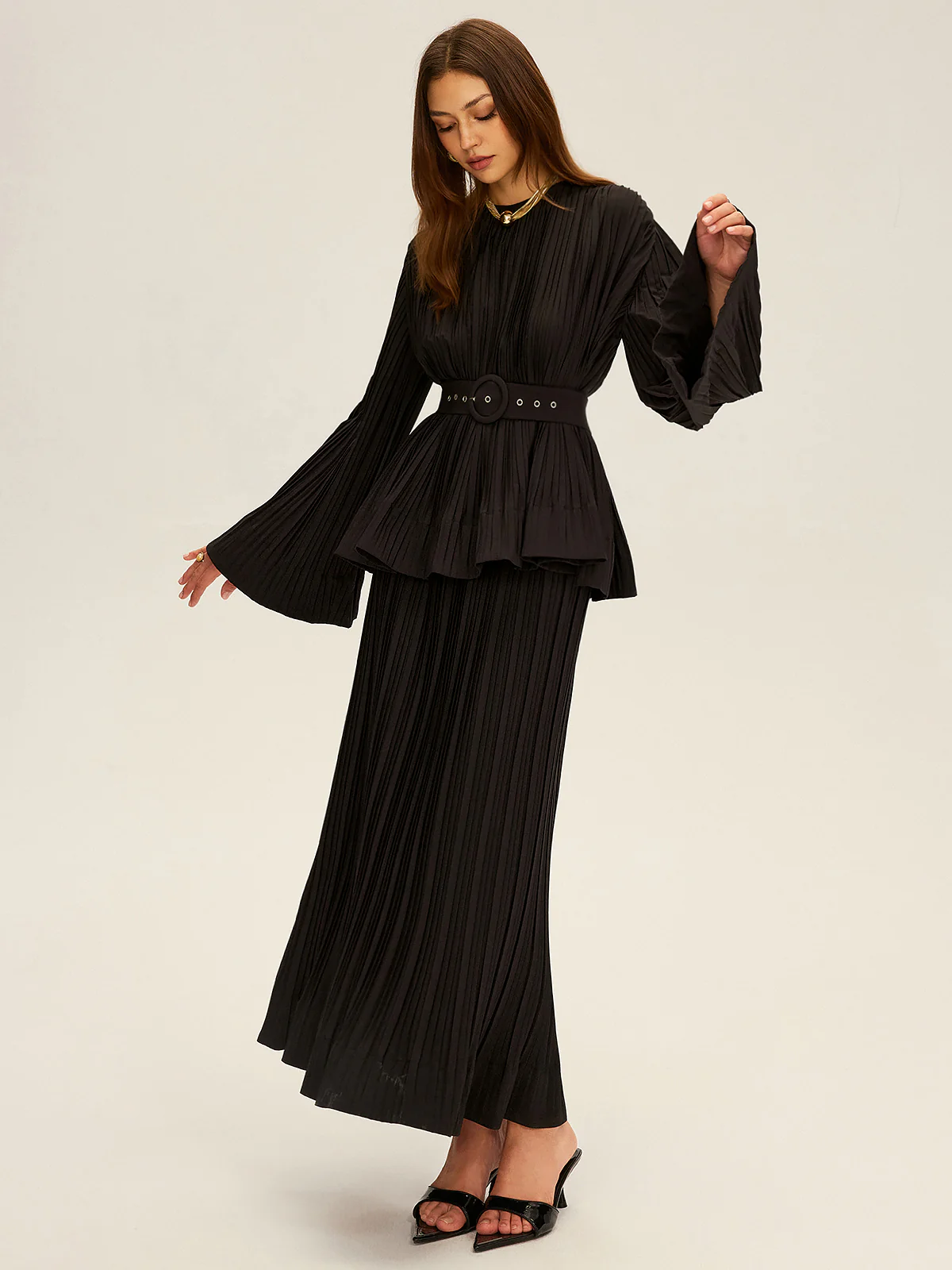 Pleated Bell Sleeve Belted Peplum Blouse