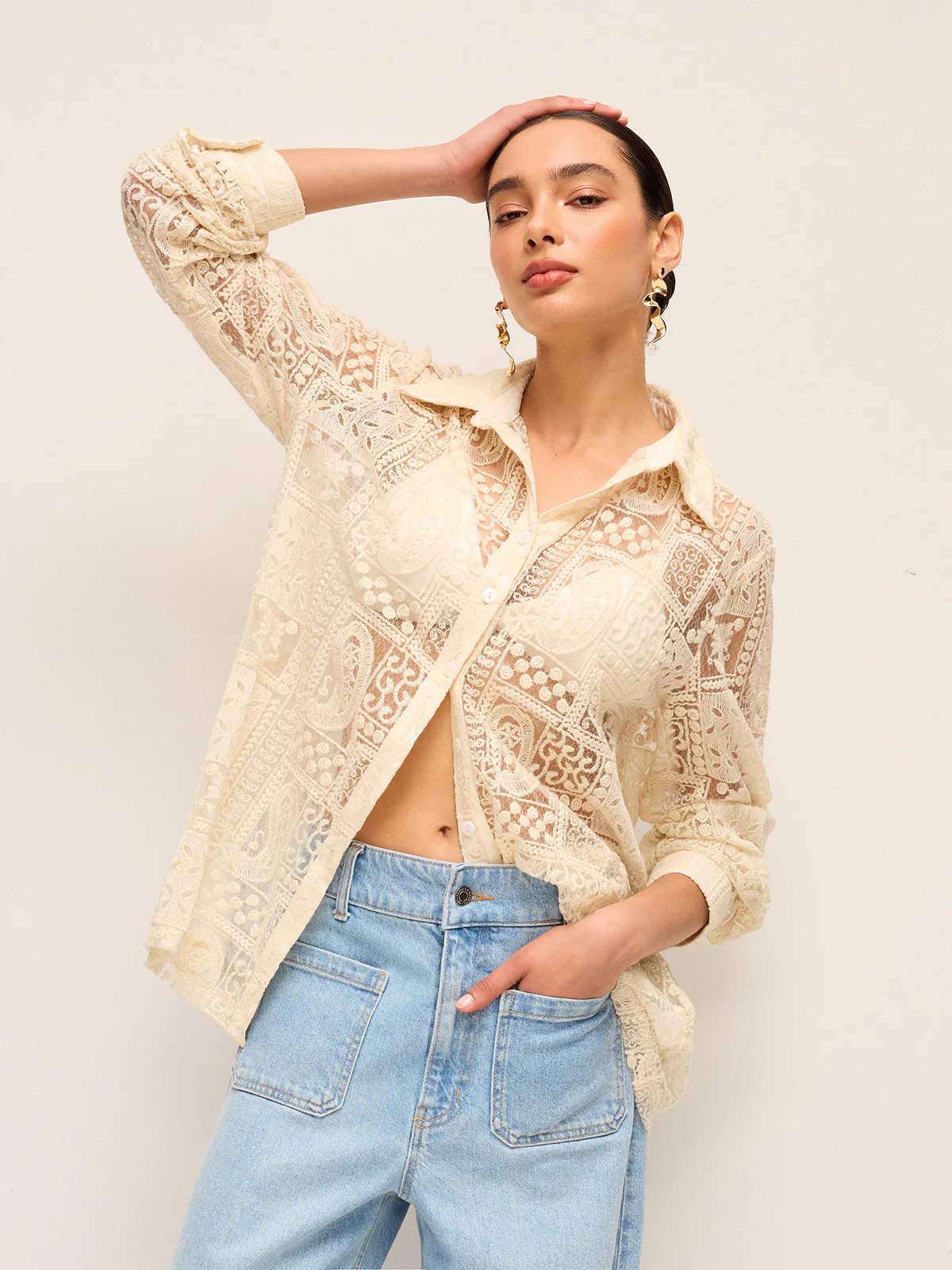 Long-Sleeve Lace Collar Cotton-Blend Shirt