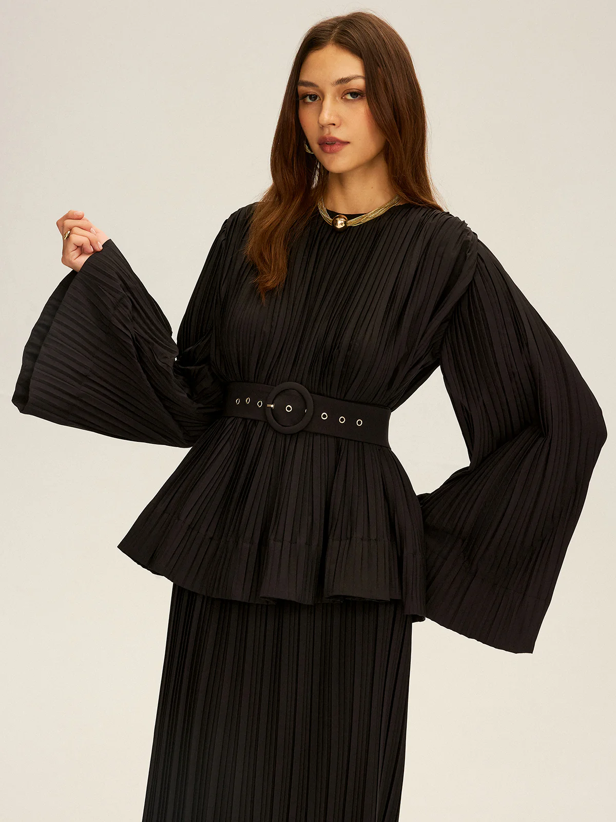 Pleated Bell Sleeve Belted Peplum Blouse