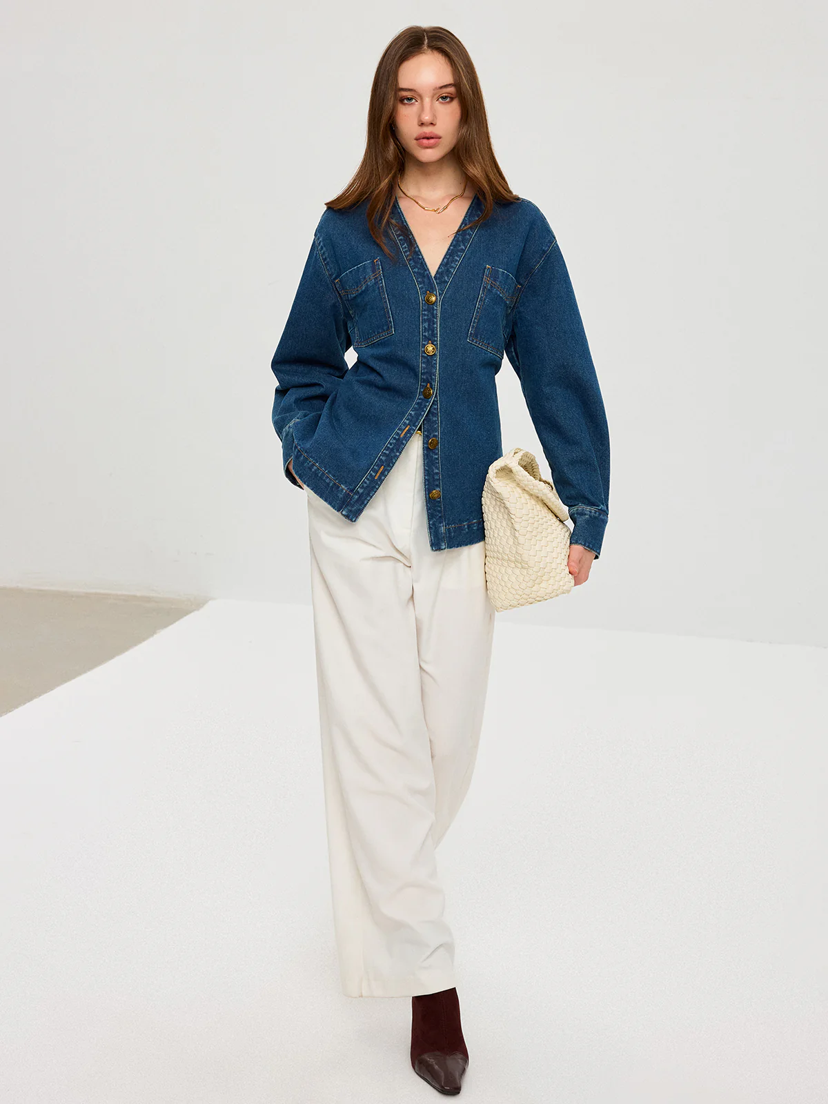 Denim V-Neck Button-Front Jacket