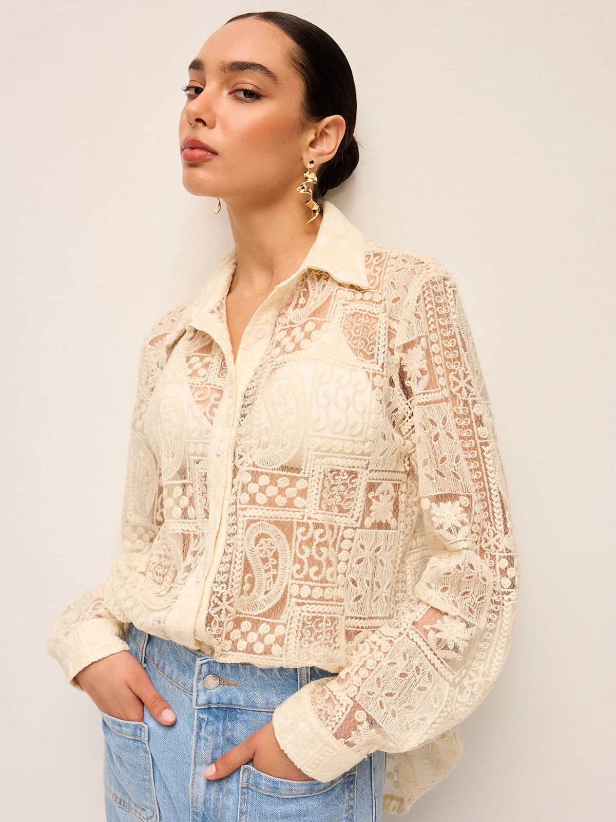 Long-Sleeve Lace Collar Cotton-Blend Shirt