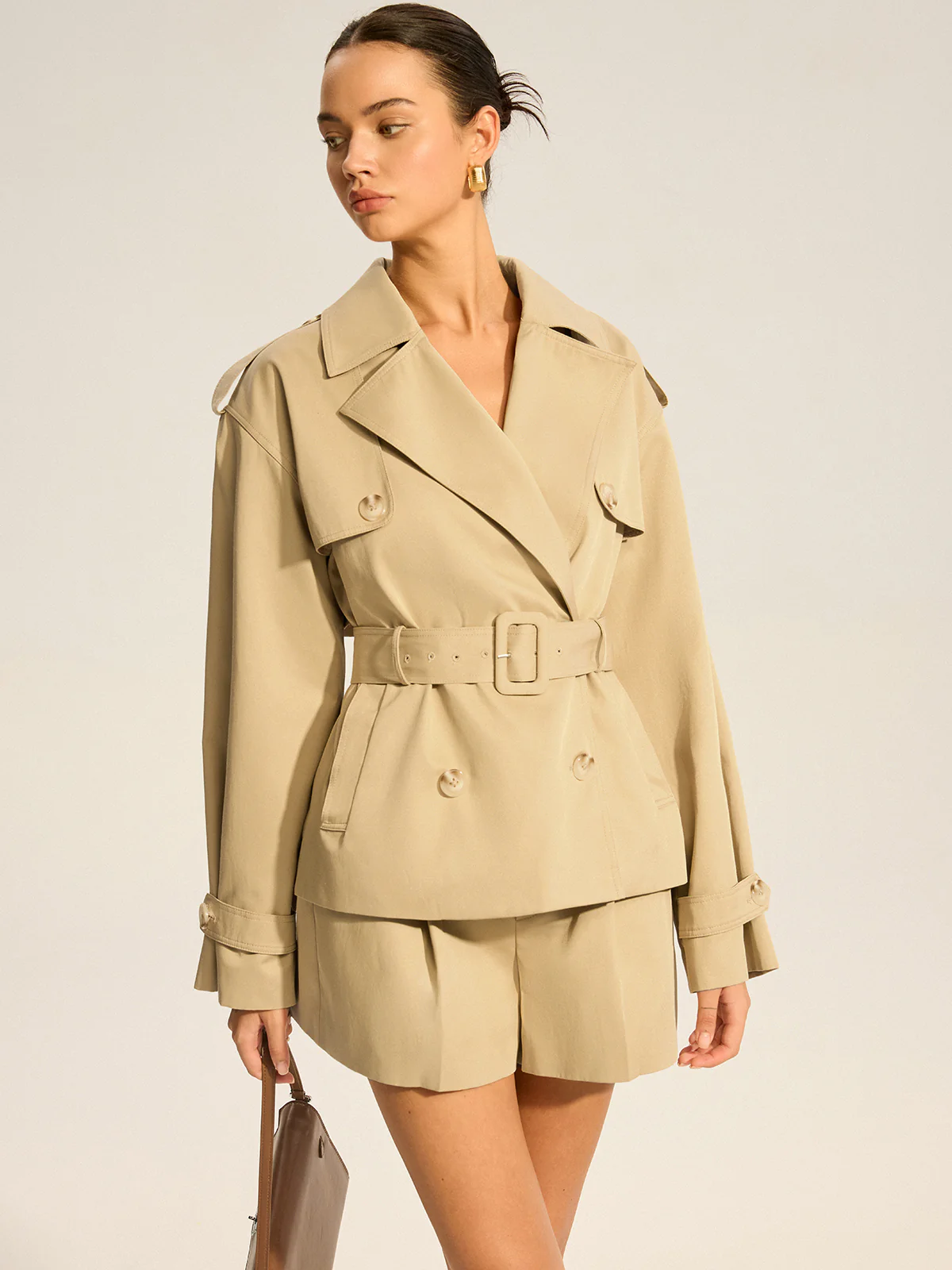 Cotton Blend Belted Double-Breasted Trench Coat