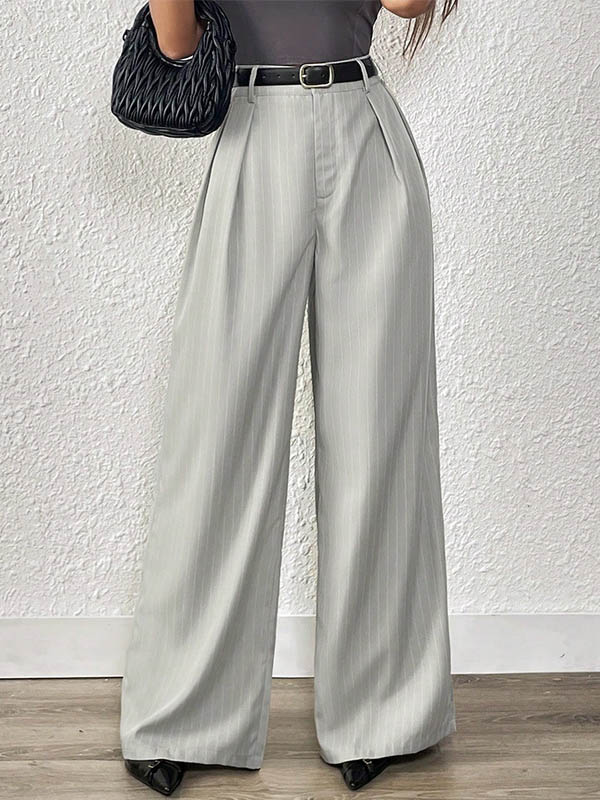 No Belt Pleated Pockets Striped High Waisted Loose Trousers Suit Pants