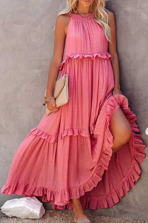 Shirred Ruffle Tiered Maxi Halter Dress