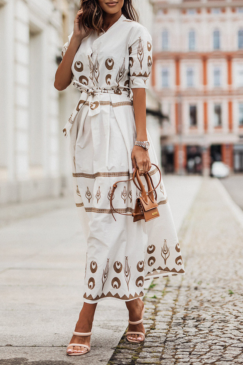 Casual Print Patchwork O Neck Shirt Dress