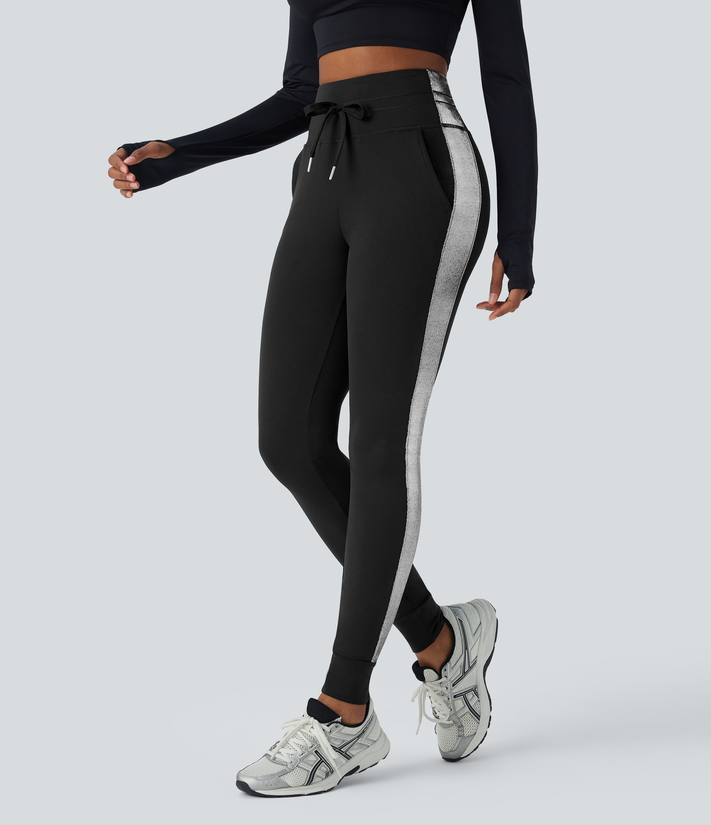 Airy High Waisted Drawstring Pocket Color Block Full Length Cool Touch Yoga Joggers-UPF50+