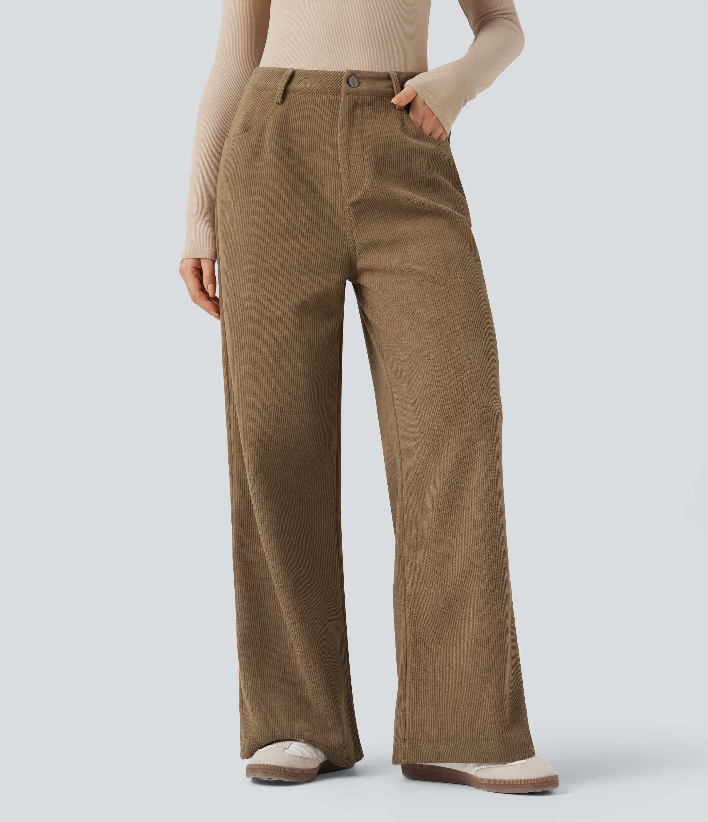 High Waisted Corduroy Casual Baggy Pants with Pockets