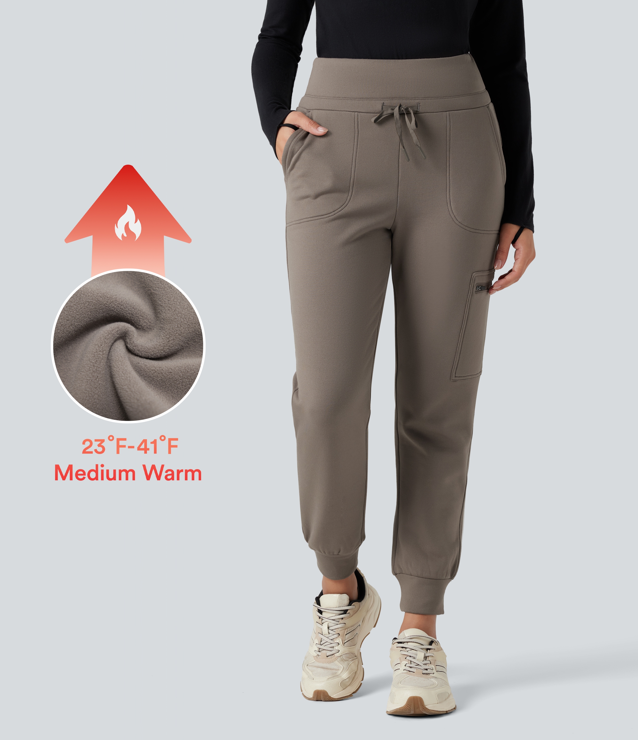 High Waisted Drawstring Tapered Fleece Hiking Joggers with Pockets