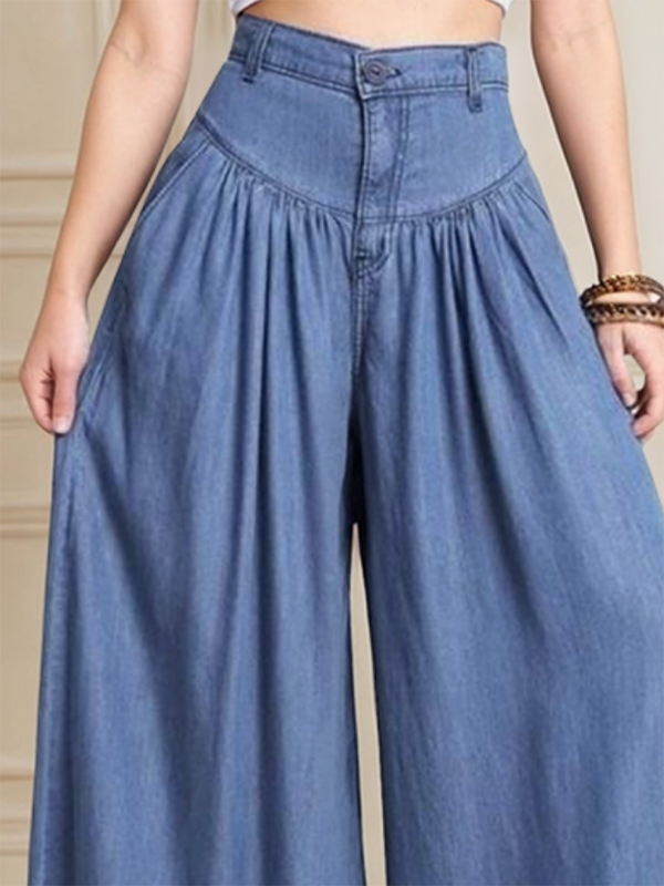 Buttoned Solid Color Zipper Loose Wide Leg Trousers Jean Pants Bottoms