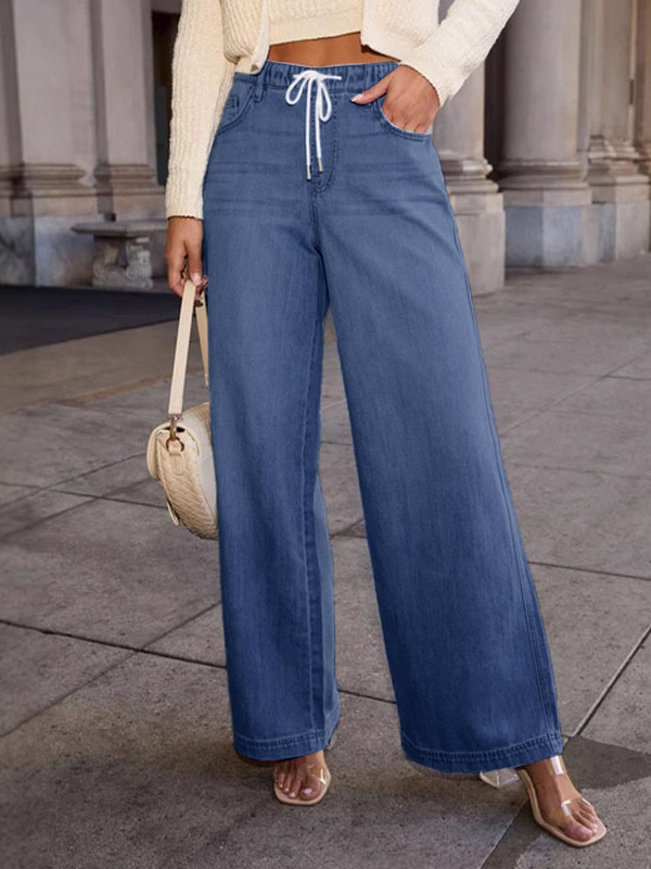 Drawstring Elasticity Split-Joint High Waisted Loose Jean Pants Bottoms