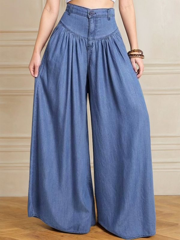 Buttoned Solid Color Zipper Loose Wide Leg Trousers Jean Pants Bottoms