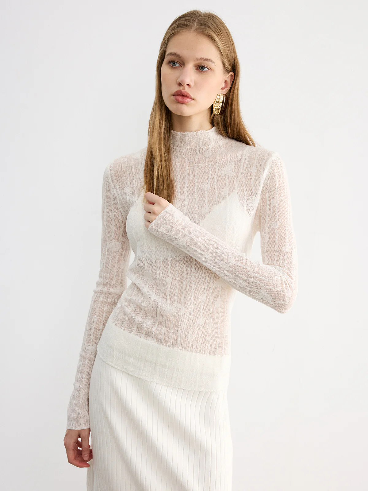 Wool Semi-Sheer Mock Neck Lace Top
