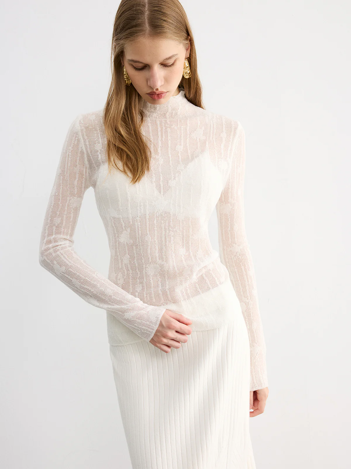 Wool Semi-Sheer Mock Neck Lace Top
