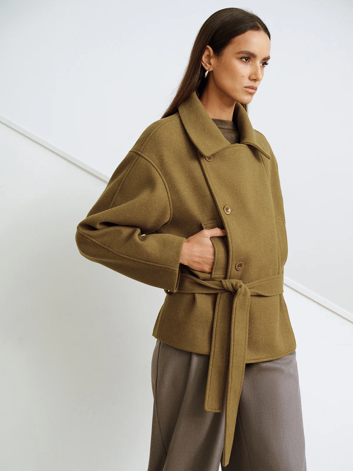 Belted Faux Cashmere Collared Coat