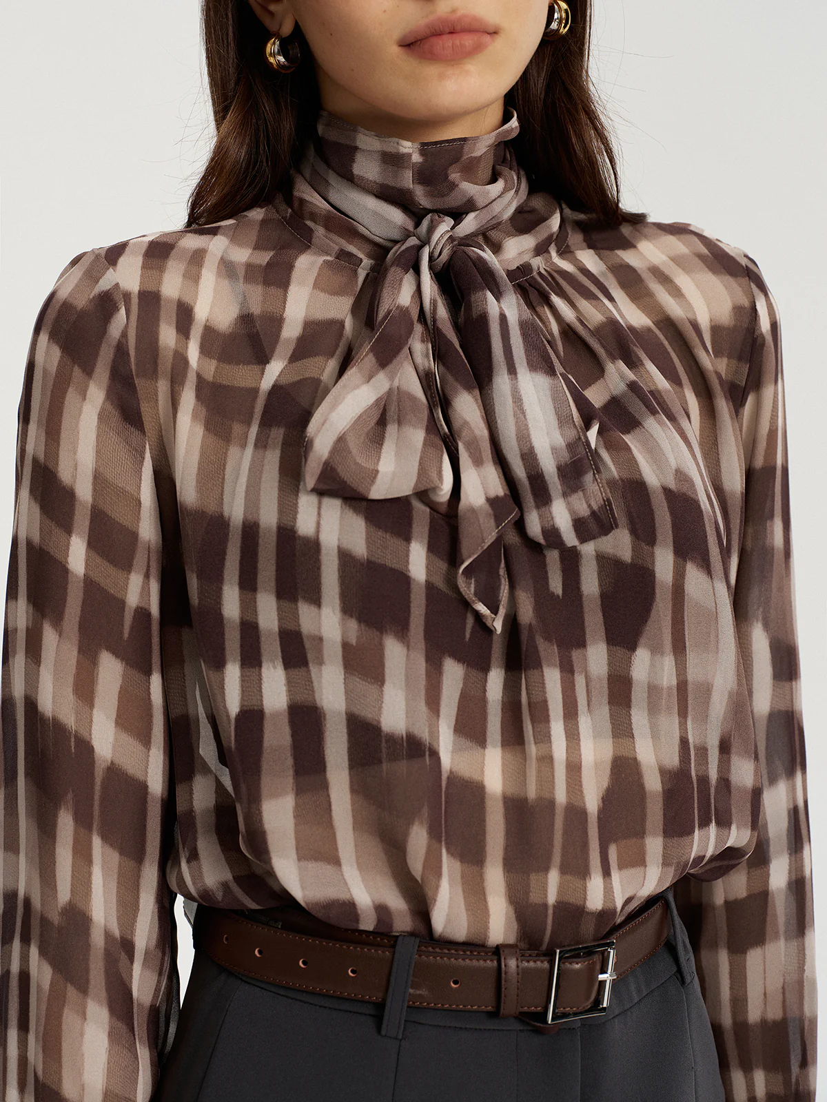 Tie Neck Plaid Semi-Sheer Chiffon Blouse