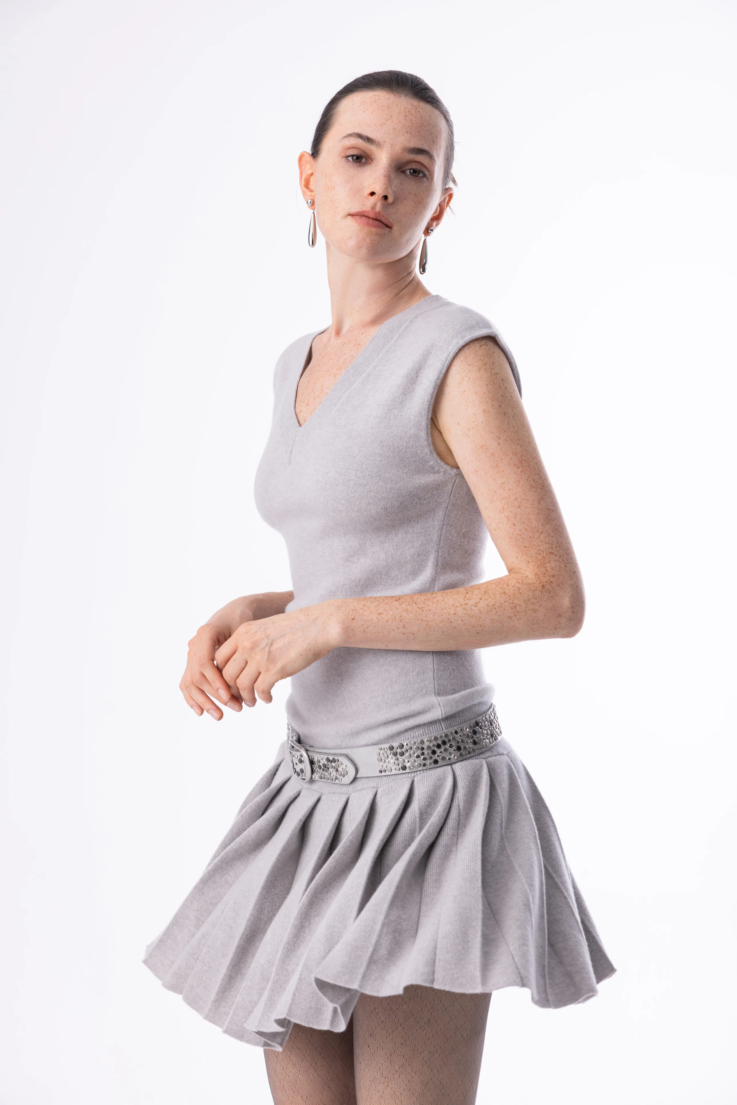 V neck pleated wool dress