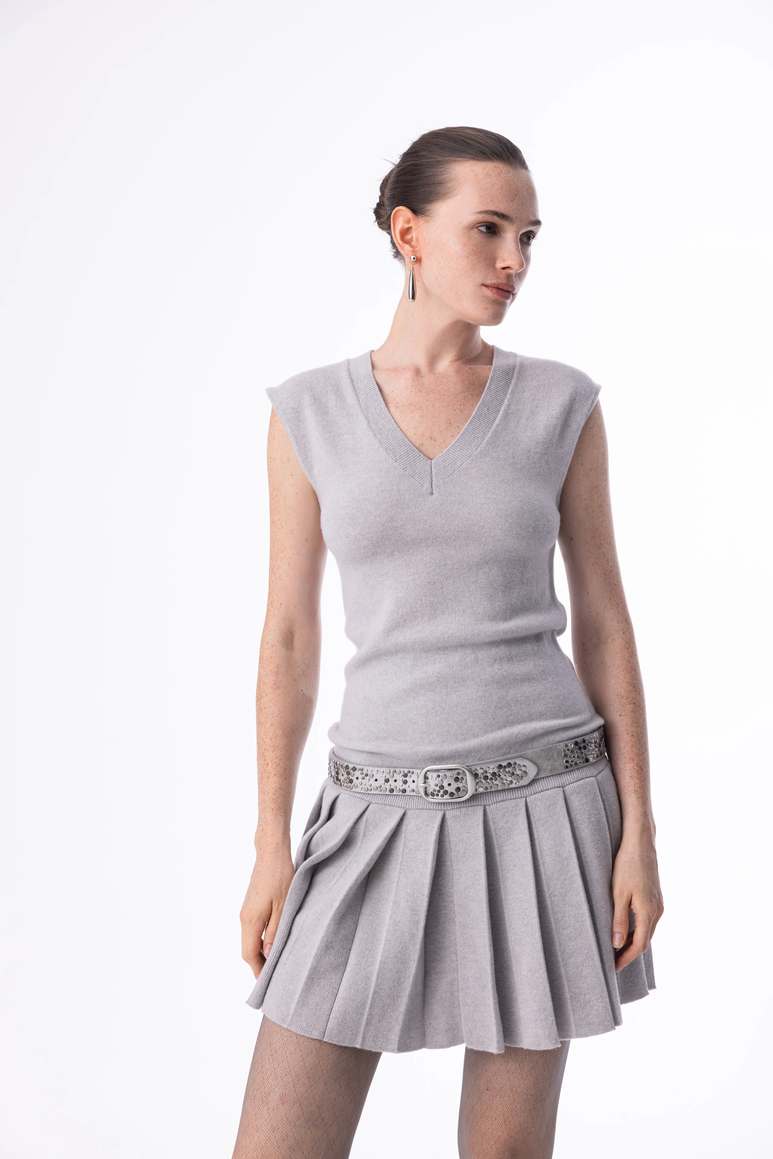 V neck pleated wool dress